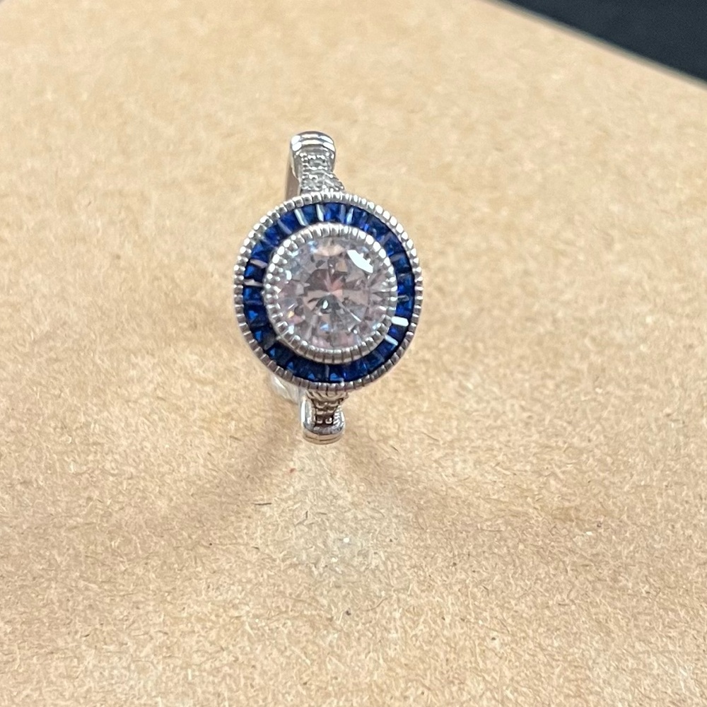 Art Deco Style Sterling Silver Halo Ring with Sapphire Blue Accents & CZ Center